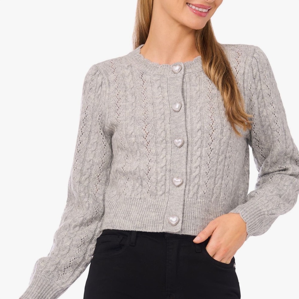 New CeCe Heart Button Pointell Cardigan Light Heather Gray Size Large with tags